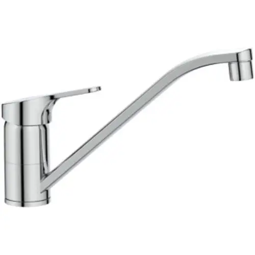 Stainless steel Küchenarmatur von Ideal Standard mit hohem, geschwungenem Auslauf und seitlichem Hebel zur Steuerung von Wasserfluss und Temperatur.